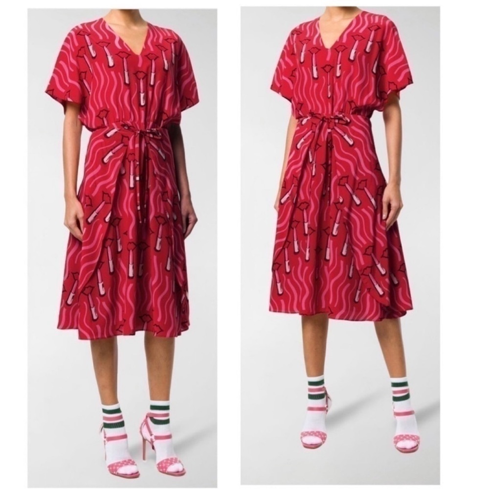 VALENTINO SILK Red Lips Lipstick Printed silk-crepe front wrap midi dress SIZE 4 - Picture 5 of 16